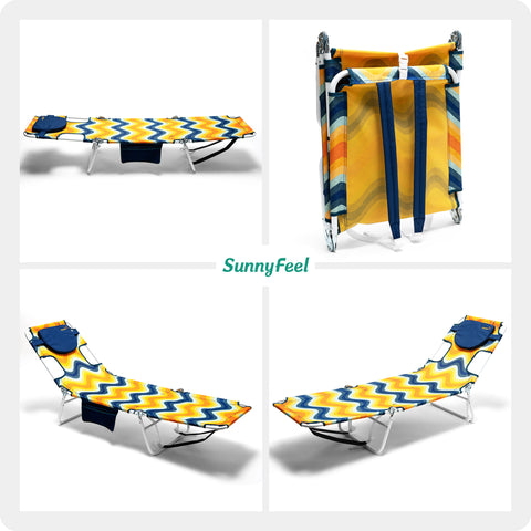 SunnyFeel AB2025 Reclining Beach Chair, Lay Flat Tanning Bed Portable Folding Chairs with Pillow, Arm & Head Slots, Backpack Straps for Outdoor