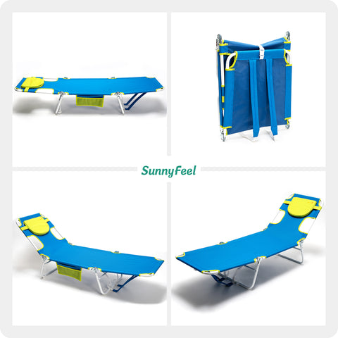 SunnyFeel AB2025 Reclining Beach Chair, Lay Flat Tanning Bed Portable Folding Chairs with Pillow, Arm & Head Slots, Backpack Straps for Outdoor