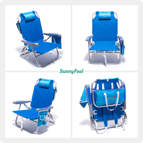 SunnyFeel AC1168R Reclining Beach Chair Outdoor Folding Lounge Chairs for Adults 5 Position Adjustable with Cooler Bag and Cushioned Neck Rest Backpack Straps
