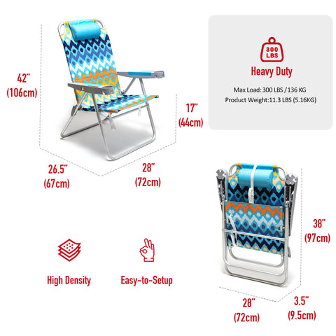 SunnyFeel AC1238 / AC1238B Folding Beach Chair 5-Postion Adjustable Reclining High Back Head Rest Aluminum Portable Lounge Chairs for Adults Outdoor