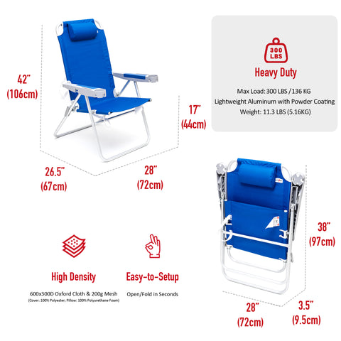 SunnyFeel AC1238 / AC1238B Folding Beach Chair 5-Postion Adjustable Reclining High Back Head Rest Aluminum Portable Lounge Chairs for Adults Outdoor