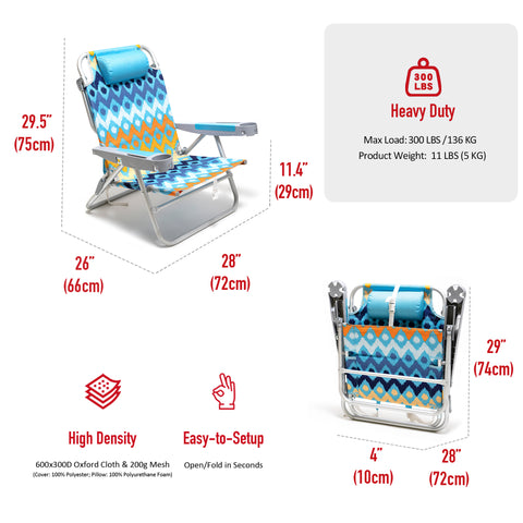 SunnyFeel AC1238 / AC1238B Folding Beach Chair 5-Postion Adjustable Reclining High Back Head Rest Aluminum Portable Lounge Chairs for Adults Outdoor