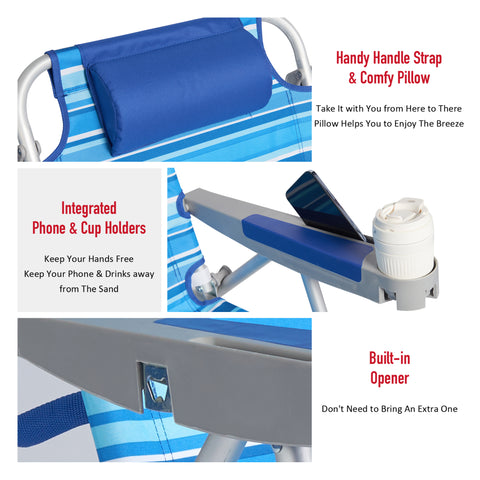 SunnyFeel AC1238 / AC1238B Folding Beach Chair 5-Postion Adjustable Reclining High Back Head Rest Aluminum Portable Lounge Chairs for Adults Outdoor
