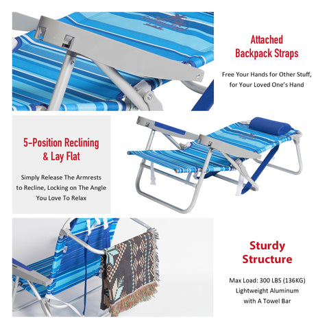 SunnyFeel AC1238 / AC1238B Folding Beach Chair 5-Postion Adjustable Reclining High Back Head Rest Aluminum Portable Lounge Chairs for Adults Outdoor