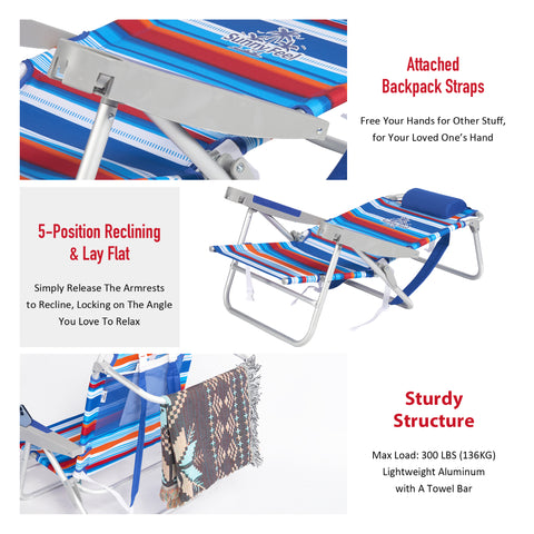 SunnyFeel AC1238 / AC1238B Folding Beach Chair 5-Postion Adjustable Reclining High Back Head Rest Aluminum Portable Lounge Chairs for Adults Outdoor