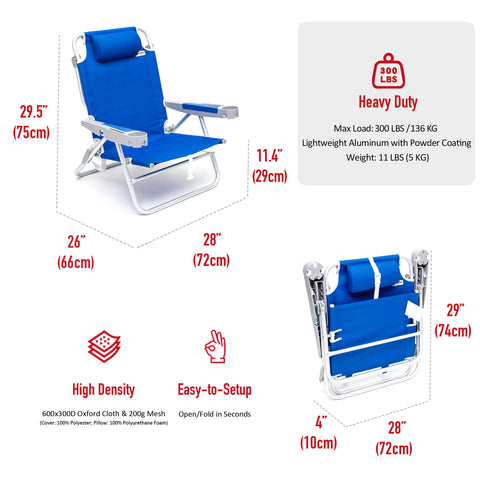 SunnyFeel AC1238 / AC1238B Folding Beach Chair 5-Postion Adjustable Reclining High Back Head Rest Aluminum Portable Lounge Chairs for Adults Outdoor