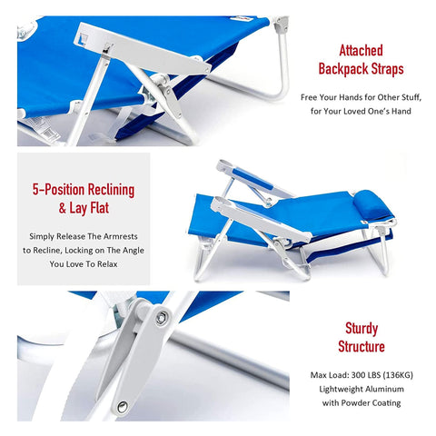 SunnyFeel AC1238 / AC1238B Folding Beach Chair 5-Postion Adjustable Reclining High Back Head Rest Aluminum Portable Lounge Chairs for Adults Outdoor