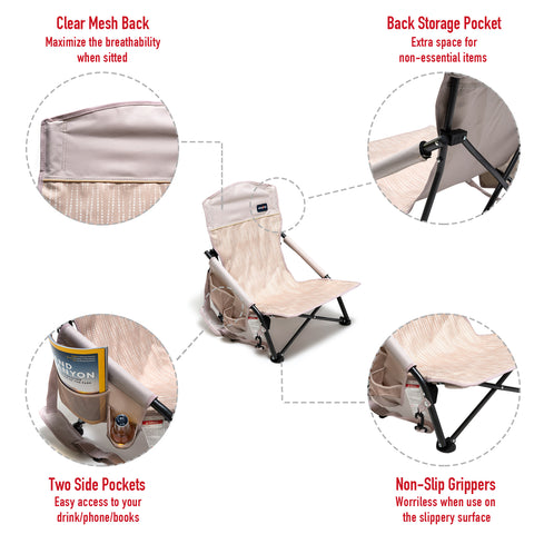 SunnyFeel AC2417G Low Folding Camping Chair, Portable Beach Chairs, Mesh Back Lounger for Outdoor Lawn Beach Camp Picnic
