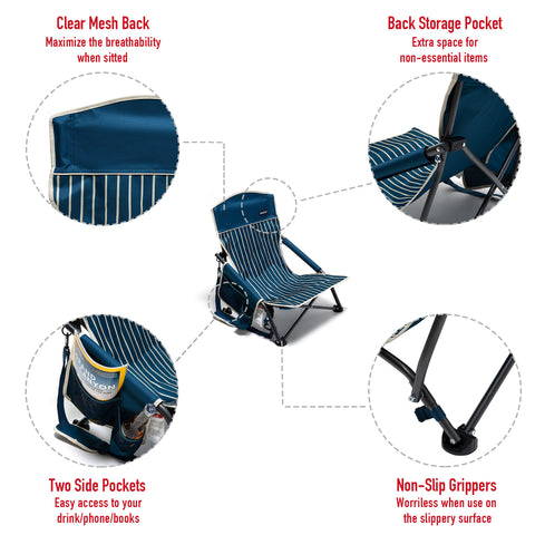 SunnyFeel AC2417G Low Folding Camping Chair, Portable Beach Chairs, Mesh Back Lounger for Outdoor Lawn Beach Camp Picnic