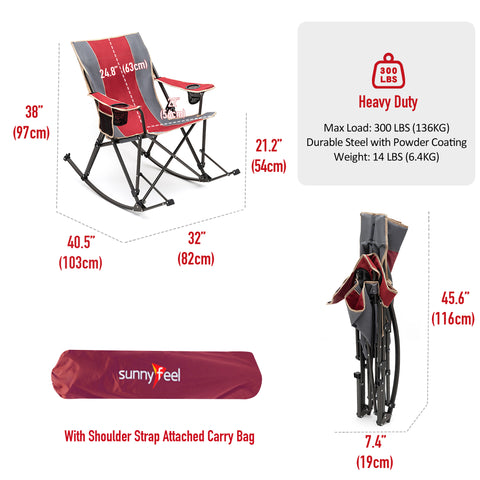 SunnyFeel AC2457 Camping Rocking Chairs for Adults, Outdoor Folding Rocker, Reclining Lawn Chair