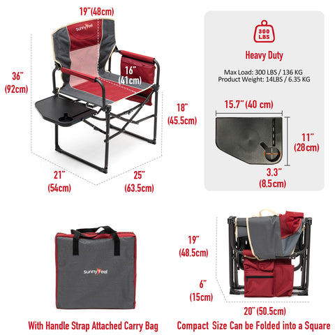 SunnyFeel AC3008F/AC3008I/AC3008K/AC3008L Multi-Version Camping Director Chair, Portable Folding Chair with Side Table and Storage Pouches, Compact Heavy Duty for Adults Outdoor