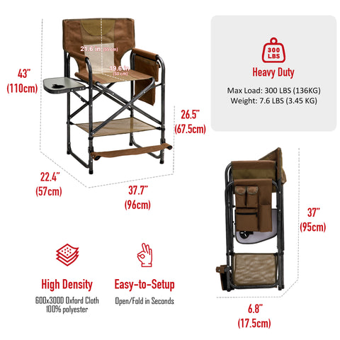 SunnyFeel AC3072C Tall Directors Chair, Folding Chairs with Side Table, Portable for Outdoor Camping Beach Fishing Picnic Lawn Concert Show