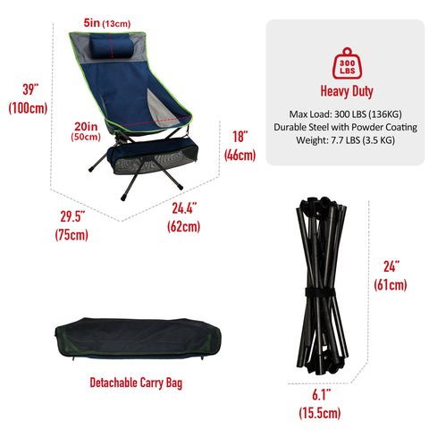 SunnyFeel AC5912 Small Compact Camping Chair High Back, Collapsible Camp Lawn Chair, Portable Backpacking Chairs Lightweight, Heavy Duty with Pillow for Outdoor, Hiking, Picnic, Beach, Fishing