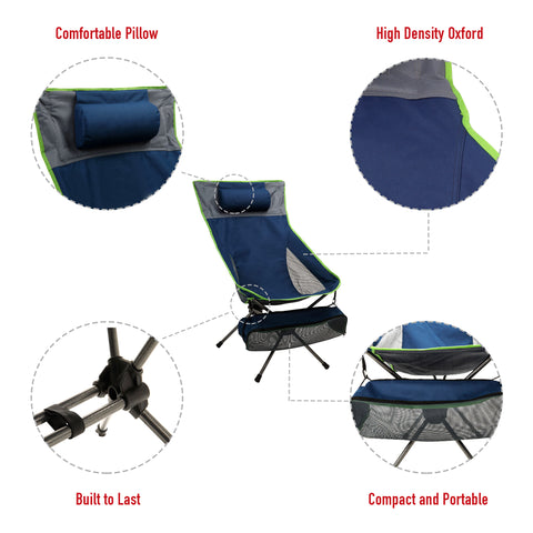 SunnyFeel AC5912 Small Compact Camping Chair High Back, Collapsible Camp Lawn Chair, Portable Backpacking Chairs Lightweight, Heavy Duty with Pillow for Outdoor, Hiking, Picnic, Beach, Fishing