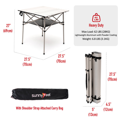 SunnyFeel AT2002E Compact Folding Camping Table, Portable Aluminum Picnic Tables, Roll Up Top with Mesh Shelf, Sturdy Lightweight for Outdoor Dining