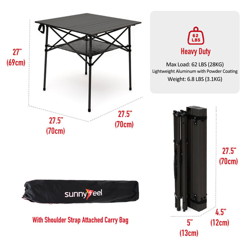 SunnyFeel AT2002E Compact Folding Camping Table, Portable Aluminum Picnic Tables, Roll Up Top with Mesh Shelf, Sturdy Lightweight for Outdoor Dining