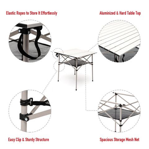 SunnyFeel AT2002E Compact Folding Camping Table, Portable Aluminum Picnic Tables, Roll Up Top with Mesh Shelf, Sturdy Lightweight for Outdoor Dining