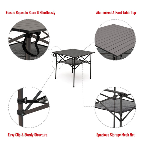 SunnyFeel AT2002E Compact Folding Camping Table, Portable Aluminum Picnic Tables, Roll Up Top with Mesh Shelf, Sturdy Lightweight for Outdoor Dining