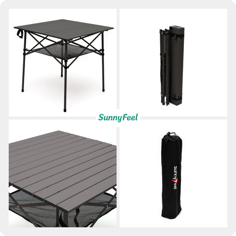 SunnyFeel AT2002E Compact Folding Camping Table, Portable Aluminum Picnic Tables, Roll Up Top with Mesh Shelf, Sturdy Lightweight for Outdoor Dining