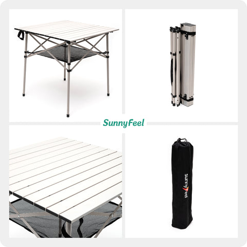 SunnyFeel AT2002E Compact Folding Camping Table, Portable Aluminum Picnic Tables, Roll Up Top with Mesh Shelf, Sturdy Lightweight for Outdoor Dining