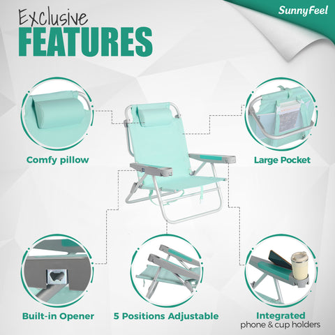 SunnyFeel AC1238 / AC1238B Folding Beach Chair 5-Postion Adjustable Reclining High Back Head Rest Aluminum Portable Lounge Chairs for Adults Outdoor
