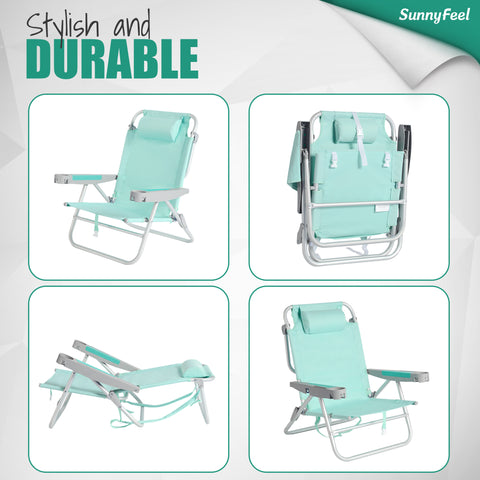 SunnyFeel AC1238 / AC1238B Folding Beach Chair 5-Postion Adjustable Reclining High Back Head Rest Aluminum Portable Lounge Chairs for Adults Outdoor