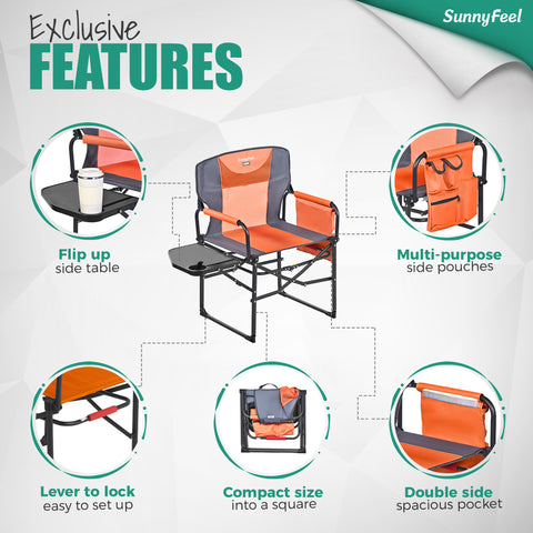 SunnyFeel AC3008F/AC3008I/AC3008K/AC3008L Multi-Version Camping Director Chair, Portable Folding Chair with Side Table and Storage Pouches, Compact Heavy Duty for Adults Outdoor