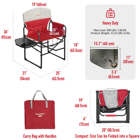 SunnyFeel AC3008F/AC3008I/AC3008K/AC3008L Multi-Version Camping Director Chair, Portable Folding Chair with Side Table and Storage Pouches, Compact Heavy Duty for Adults Outdoor