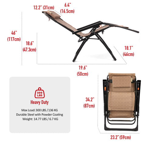SunnyFeel AC5932 Zero Gravity Recliner Padded Patio Lounger with Side Table Folding Camping Chair for Outdoor