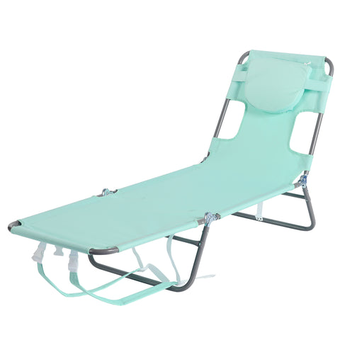 SunnyFeel AB2025 Reclining Beach Chair, Lay Flat Tanning Bed Portable Folding Chairs with Pillow, Arm & Head Slots, Backpack Straps for Outdoor